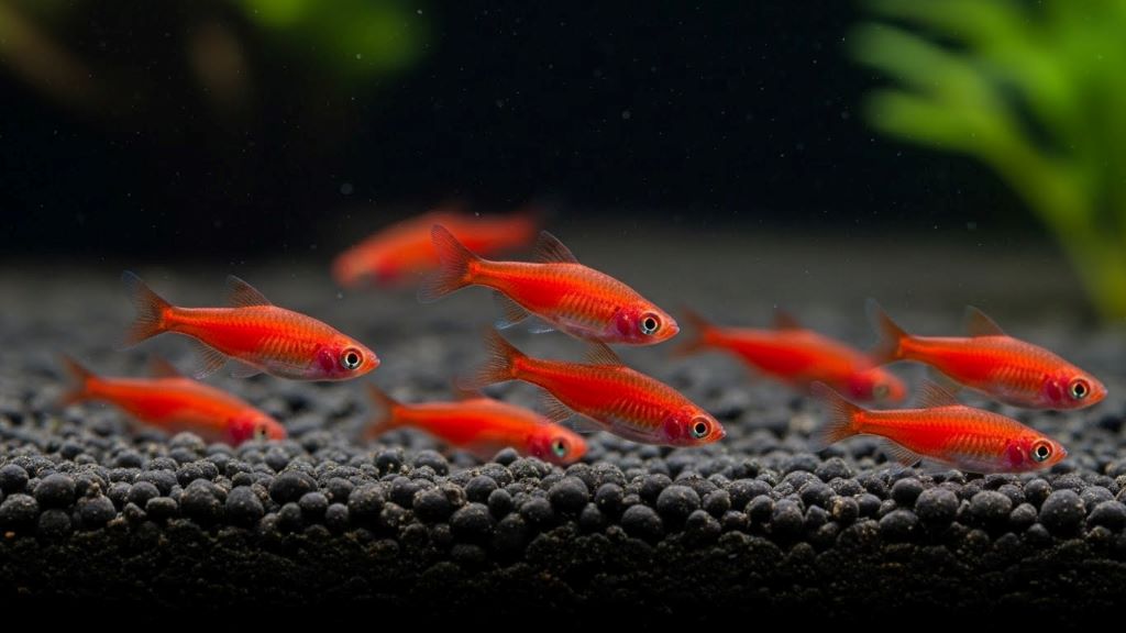 Group of tiny chili rasboras displaying vibrant red coloration against dark substrate in a nano aquarium setup