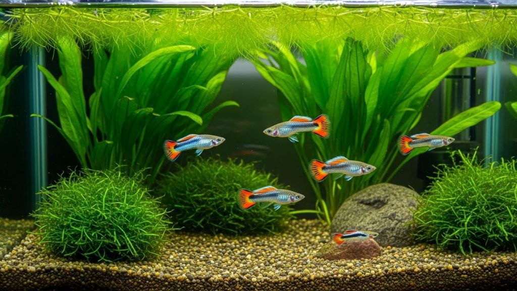 Colorful Endler's livebearers swimming in a planted small aquarium with green aquatic plants and natural substrate
