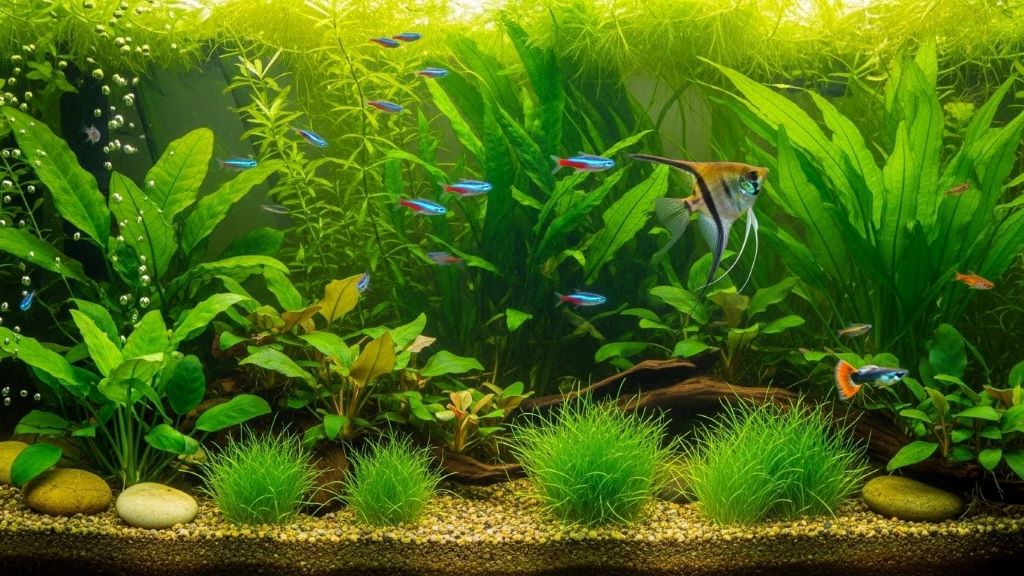 Healthy green aquarium plants growing underwater with tropical fish swimming nearby in a planted freshwater tank
