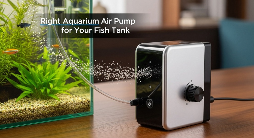 Aquarium air pump connected to air stone inside freshwater fish tank