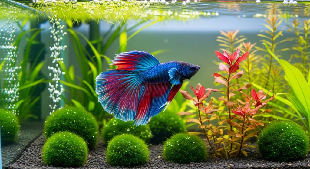 Close-up of a Betta fish in a well-planted 10-gallon aquarium tank with clear blue water
