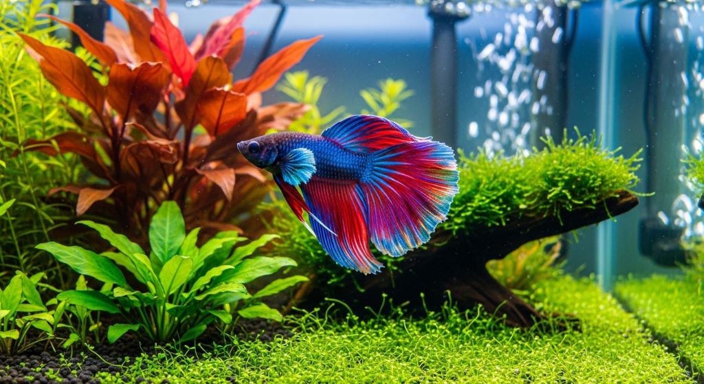 A vibrant community aquarium tank filled with colorful tropical fish including Tetras and Guppies