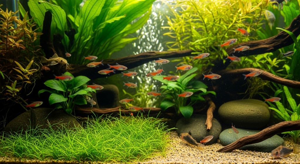 Fast-swimming ember tetras schooling in a community fish tank