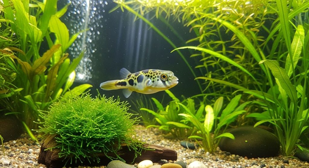 A small pea puffer fish swimming in a planted freshwater aquarium
