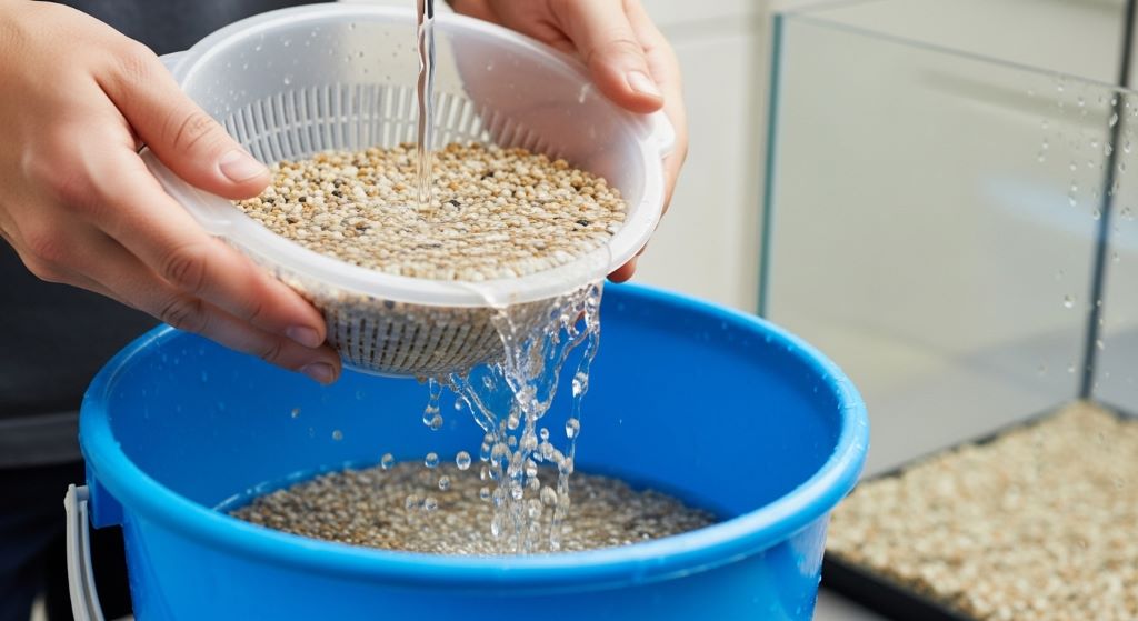 Step-by-step budget aquarium setup showing clean gravel substrate being rinsed in a bucket before being added to a fish tank