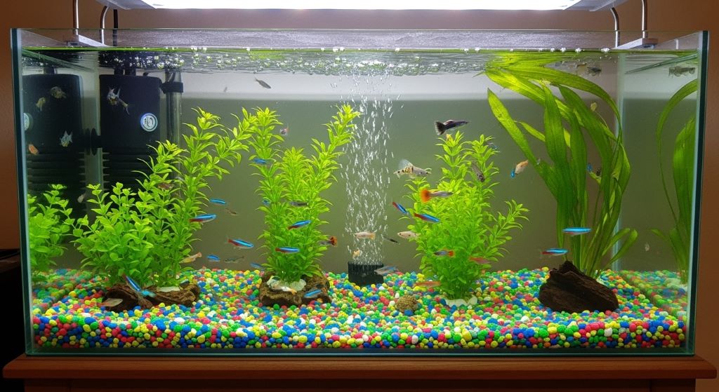 A beginner freshwater aquarium with colorful gravel substrate, small tropical fish, and green plastic plants inside a 20-gallon glass tank