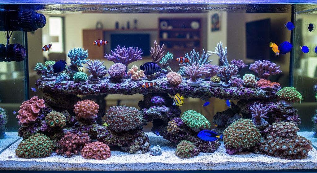 Home reef tank setup showing live rock, corals, and tropical fish under LED lighting