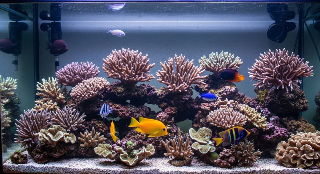 Colorful reef fish swimming among live coral in a well-maintained home aquarium