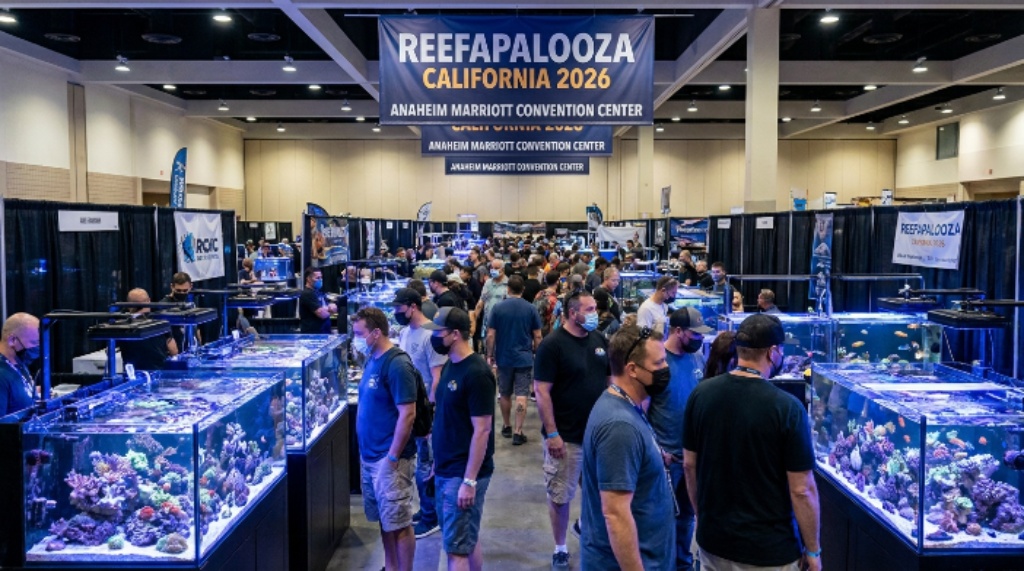 Reef aquarium enthusiasts browsing rows of colorful coral frags and saltwater fish at the Reefapalooza California 2026 show floor inside the Anaheim Marriott Convention Center