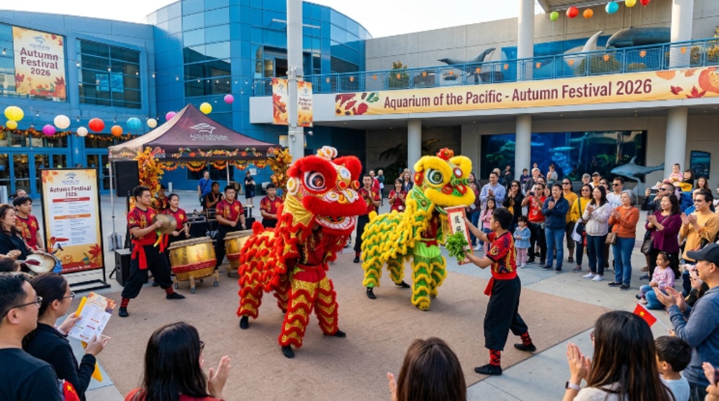 Colorful Chinese lion dancers performing at the Aquarium of the Pacific Autumn Festival 2026 in Long Beach, California