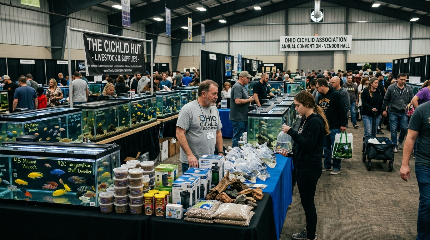 Vendors selling live fish and aquarium supplies at an indoor cichlid convention in Ohio
