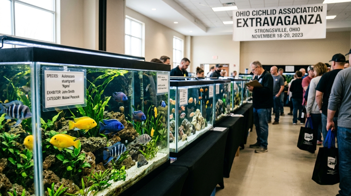 Colorful cichlid fish on display at the Ohio Cichlid Association Extravaganza fish show in Strongsville Ohio