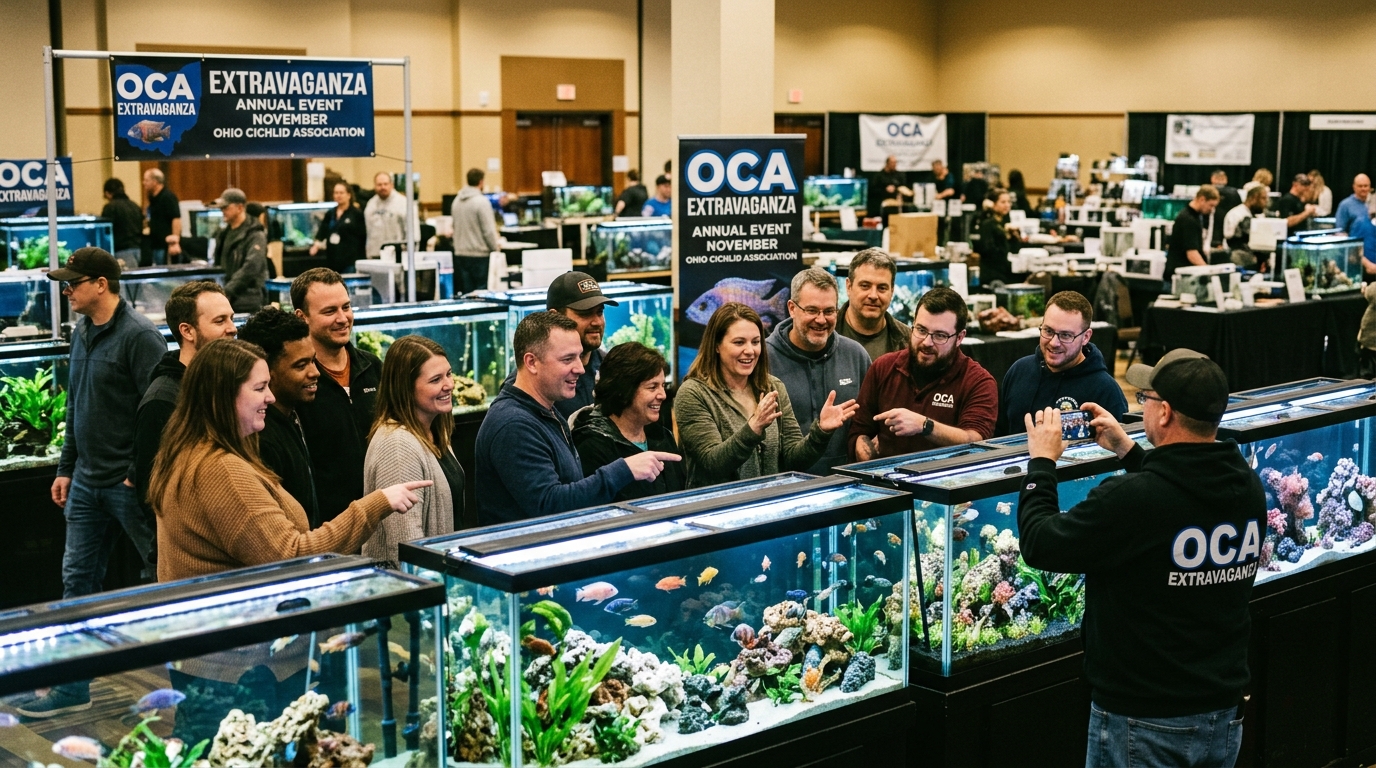 Aquarium hobbyists gathered around show tanks at the OCA Extravaganza annual event in November