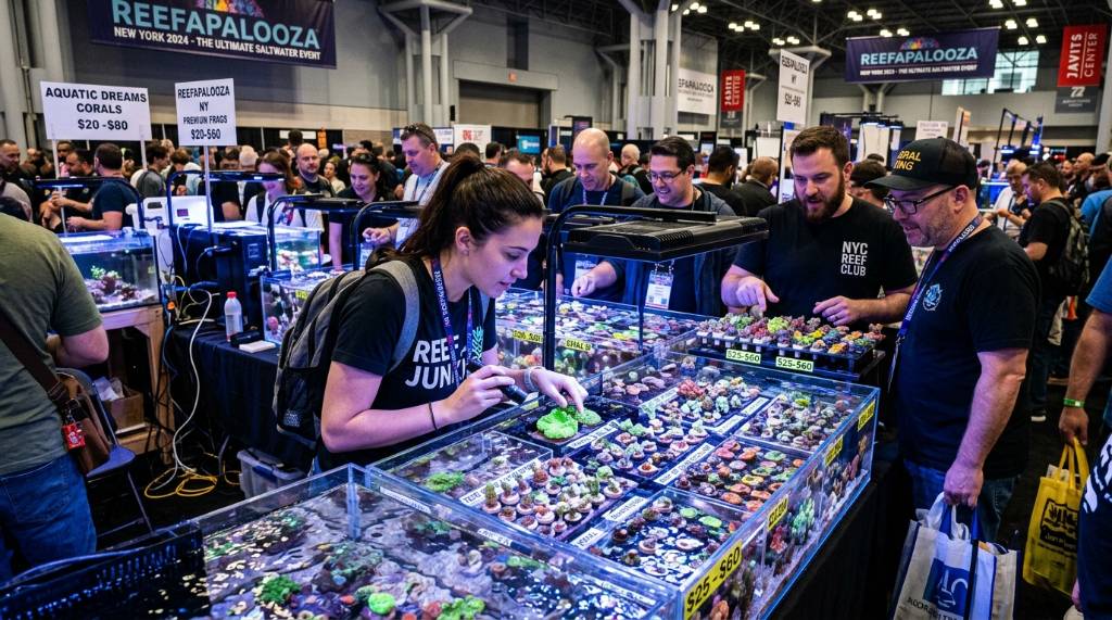 Hobbyists browsing coral frags at the Reefapalooza New York frag swap event