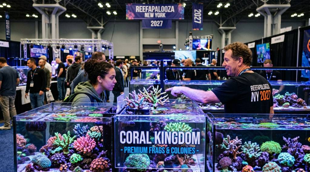 Colorful reef corals on display at Reefapalooza New York 2027 vendor floor